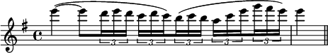  \relative c'''{ \set Staff.midiInstrument = #"violin" \set Score.tempoHideNote = ##t \tempo 4 = 60 \clef treble \key g \major \time 4/4 e4(~ e8 \times 2/3 { d16 e d } \times 2/3 { c d \set stemRightBeamCount = #1 c) } \set stemLeftBeamCount = #1 \times 2/3 { b( c b } \times 2/3 { a c \set stemRightBeamCount = #1 e } \set stemLeftBeamCount = #1 \times 2/3 { g fis e) } e4( \bar "||" } 