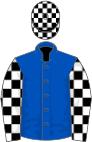 Royal blue, white horseshoe, black and white check sleeves and cap