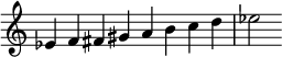  { \override Score.TimeSignature #'stencil = ##f \relative c' { \clef treble \key c \major \time 8/4 es4 f fis gis a b c d es2 } } 