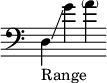 \new Staff \with { \remove "Time_signature_engraver" }{\clef bass \key c \major d_"Range"\glissando g' \parenthesize a'}