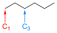 The skeletal formula of hexane, with carbons number one and three labelled