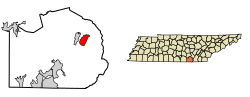 Location of Powells Crossroads in Marion County, Tennessee.