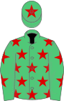 Emerald green, red stars, red star on cap