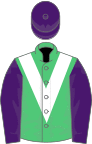 Emerald green, white chevron, purple sleeves and cap