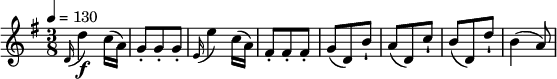  \relative c' { \set Staff.midiInstrument = #"violin" \key g \major \time 3/8 \tempo 4 = 130 \appoggiatura d16 d'4\f c16 (a) g8-. g-. g-. \appoggiatura e16 e'4 c16 (a) fis8-. fis-. fis-. g (d) b'-! a (d,) c'-! b (d,) d'-! b4 (a8) } 