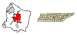 Location of Murfreesboro in Rutherford County, Tennessee.