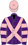 Purple, pink cross-belts, hooped sleeves, pink cap
