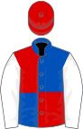 Royal blue and red (quartered), white sleeves, red cap