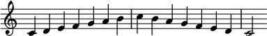  { \override Score.TimeSignature #'stencil = ##f \relative c' { \clef treble \key c \major \time 7/4 c4 d e f g a b c b a g f e d c2 } } 