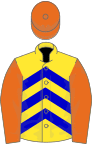 Yellow, royal blue chevrons, orange sleeves and cap