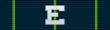A dark blue military ribbon with three thin green stripes. One stripe is in the center of the ribbon and the other two are at near the edge of the ribbon. The is a large silver E centered in the ribbon.