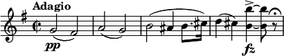  \relative c'' { \tempo "Adagio" \key e \minor \time 2/2 g2\pp (fis) | a (g) | b (ais4 b8. cis16) | d4 (cis) <b b'>->~\fz <b b'>8 r\fermata } 