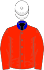 Scarlet, blue collar, white cap