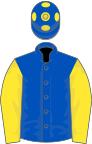 Royal blue, yellow sleeves, blue cap, yellow spots