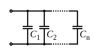 A diagram of several capacitors, side by side, both leads of each connected to the same wires.