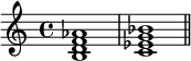 { \relative c' { \time 4/4 <b d f aes>1 <c es g bes> \bar "||" } } 