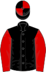 Black, red sleeves, quartered cap