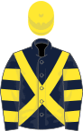 Dark blue, yellow cross belts, hooped sleeves, yellow cap
