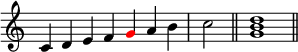  { \override Score.TimeSignature #'stencil = ##f \relative c' { \clef treble \time 7/4 c4 d e f \once \override NoteHead.color = #red g a b \time 2/4 c2 \bar "||" \time 4/4 <g b d>1 \bar "||" } } 