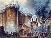 On the left-hand side of the painting, a building with towers is being attacked and is bathed in flames. On the right-hand side, black smoke billows around. At the base of the piece, small people are fighting and destroying the building brick by brick.