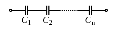 A diagram of several capacitors, connected end to end, with the same amount of current going through each.