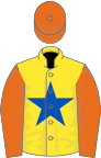 Yellow, royal blue star, orange sleeves and cap