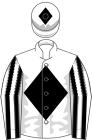 White, black diamond, black and white striped sleeves, white cap, black diamond