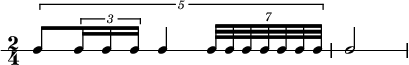  \new RhythmicStaff { \clef percussion \time 2/4 \set Score.tempoHideNote = ##t \tempo 4 = 68 \once \override TupletBracket.bracket-visibility = ##t \tuplet 5/4 {c8[ \tuplet 3/2 { c16 c c] } c4 \tuplet 7/4 { c32[ c c c c c c] } } c2 } 