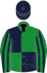 Green and dark blue (quartered), striped sleeves, dark blue cap