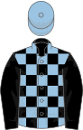 Black and light blue check, black sleeves, light blue cap