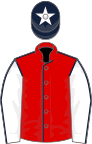 Red, dark blue seams, white sleeves, dark blue seams, dark blue cap, white star