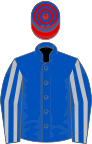Royal blue, silver striped sleeves, red and royal blue hooped cap