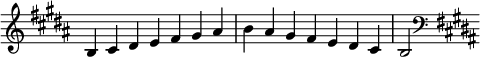  { \override Score.TimeSignature #'stencil = ##f \relative c' { \clef treble \key b \major \time 7/4 b4 cis dis e fis gis ais b ais gis fis e dis cis b2 \clef bass \key b \major } } 