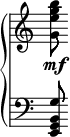  { \override Score.TimeSignature #'stencil = ##f { \new PianoStaff << \new Staff { \clef treble <g' e'' g'' b''>8\mf } \new Staff { \clef bass <e, g, b, g>8 } >> } } 