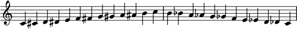  { \new Staff \with { \remove "Time_signature_engraver" } \relative c' { \time 13/4 c cis d dis e f fis g gis a ais b c b bes a aes g ges f e es d des c \bar "|" } } 