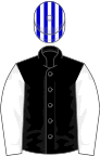 Black, white sleeves, blue and white striped cap