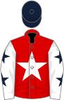 Red, white star, white sleeves, dark blue stars, dark blue cap