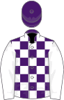 Blue and white checked, white sleeves, blue cap