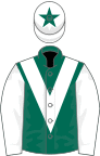 Dark green, white chevron and sleeves, white cap, green star