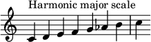  { \override Score.TimeSignature #'stencil = ##f \relative c' { \clef treble \time 7/4 c4^\markup { Harmonic major scale } d e f g aes b c } } 