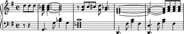  { \new PianoStaff << \new Staff << \relative c'' { \clef treble \key g \major \time 2/2 \partial4. d8 d d <g, bes d>8 <g~ bes~ d~>4. <g bes d>2 r8 <g c> c cis <g d'> <g bes>4. <d~ fis~ a~>1 <d~ fis~ a~>2 <d fis a>8 <fis a c> <fis a c> <fis a c> } >> \new Staff << \relative c { \clef bass \key g \major \time 2/2 \partial4. r8 r4 g4. g'8 <bes d>4 g <c, es g c>1 d,4. fis'8 <a c>4 fis <d, d'>4. fis'8 <a c>4 fis } >> >> } 
