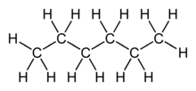 Skeletal formula of hexane with all implicit carbons shown, and all explicit hydrogens added