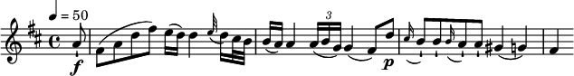  \relative c' { \set Staff.midiInstrument = #"violin" \key d \major \tempo 4 = 50 \partial 8 a'8-!\f fis8 (a d fis) e16 (d) d4 \appoggiatura e32 d16 cis32 b32 b16 (a) a4 \tuplet 3/2 {a16 (b g)} g4 (fis8) d'\p \appoggiatura cis16 b8-! b8-! \appoggiatura b16 a8-! a-! gis4 (g) fis} 