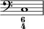  { \clef bass \time 4/4 << \override Score.TimeSignature #'stencil = ##f \relative c { <c>1 } \figures { <6 4> } >> } 