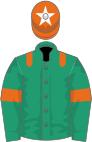 Emerald green, orange epaulets and armlets, orange cap, white star