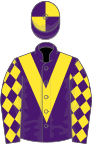 Purple, yellow chevron, diamonds on sleeves, quartered cap