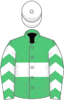 Emerald green, white hoop, chevrons on sleeves, white cap