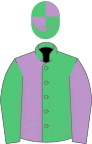 Emerald green and mauve (halved), sleeves reversed, emerald green and mauve quartered cap