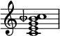  { \override Score.TimeSignature #'stencil = ##f \relative c' { \clef treble \time 4/4 <c e g beseh c>1 } } 