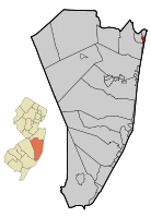 Map of Bay Head in Ocean County. Inset: Location of Ocean County highlighted in the State of New Jersey.